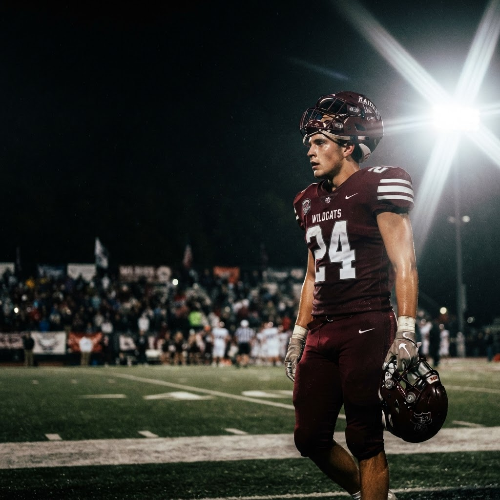 High school football player under stadium lights